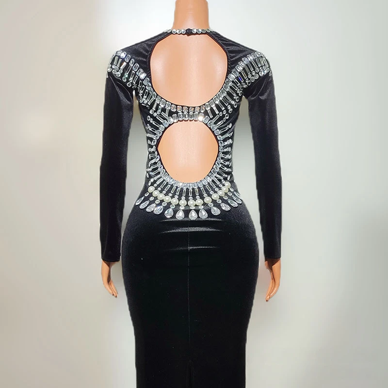 2025 Women Luxury Designer Sexy Cut Out Long Sleeve Crystal Maxi Long Velvet Dress Celebrity Evening Club Party Gala Gowns