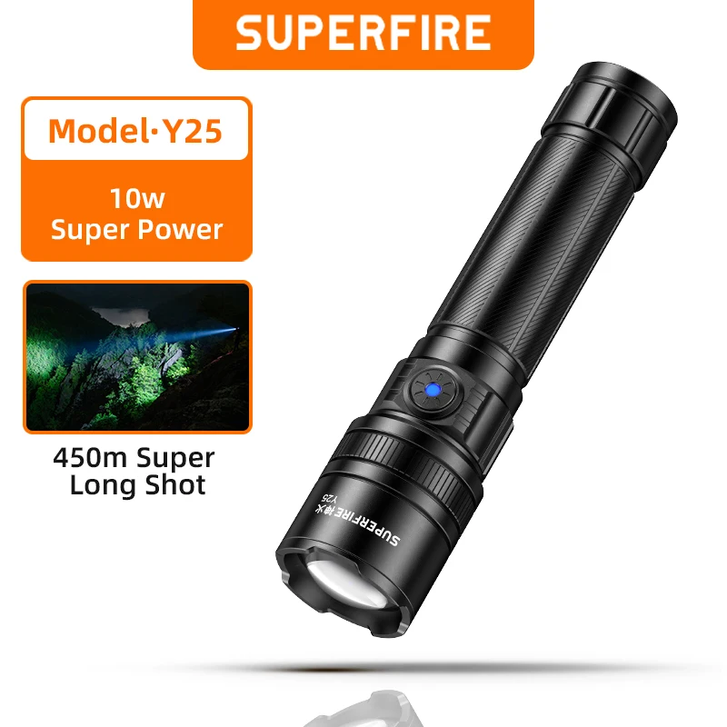 SUPERFIRE Y25 10W LED Flashlight 450m Lighting Distance with Zoom, USB-C Rechargeable 18650 Torch for Camping Fishing Lantern