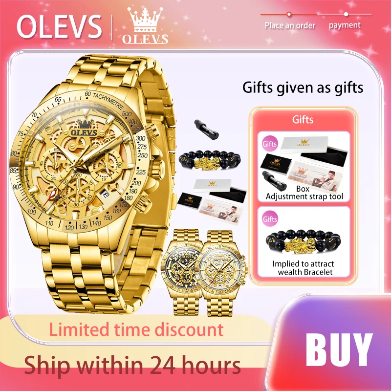 OLEVS Original Brand Quartz Watch for Men Gold Gear Dial Men\'s Watches Stainless Steel Strap Waterproof Luminous Luxury Watch