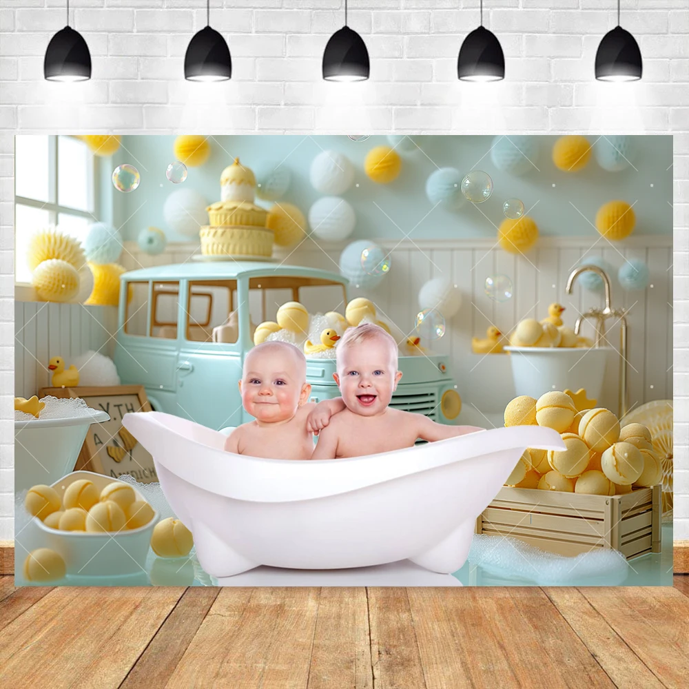 Newborn 1st Birthday Portrait Photography Backgrounds Custom Little Yellow Duck Toy Bubbles Bathroom Baby Shower Decor Backdrops