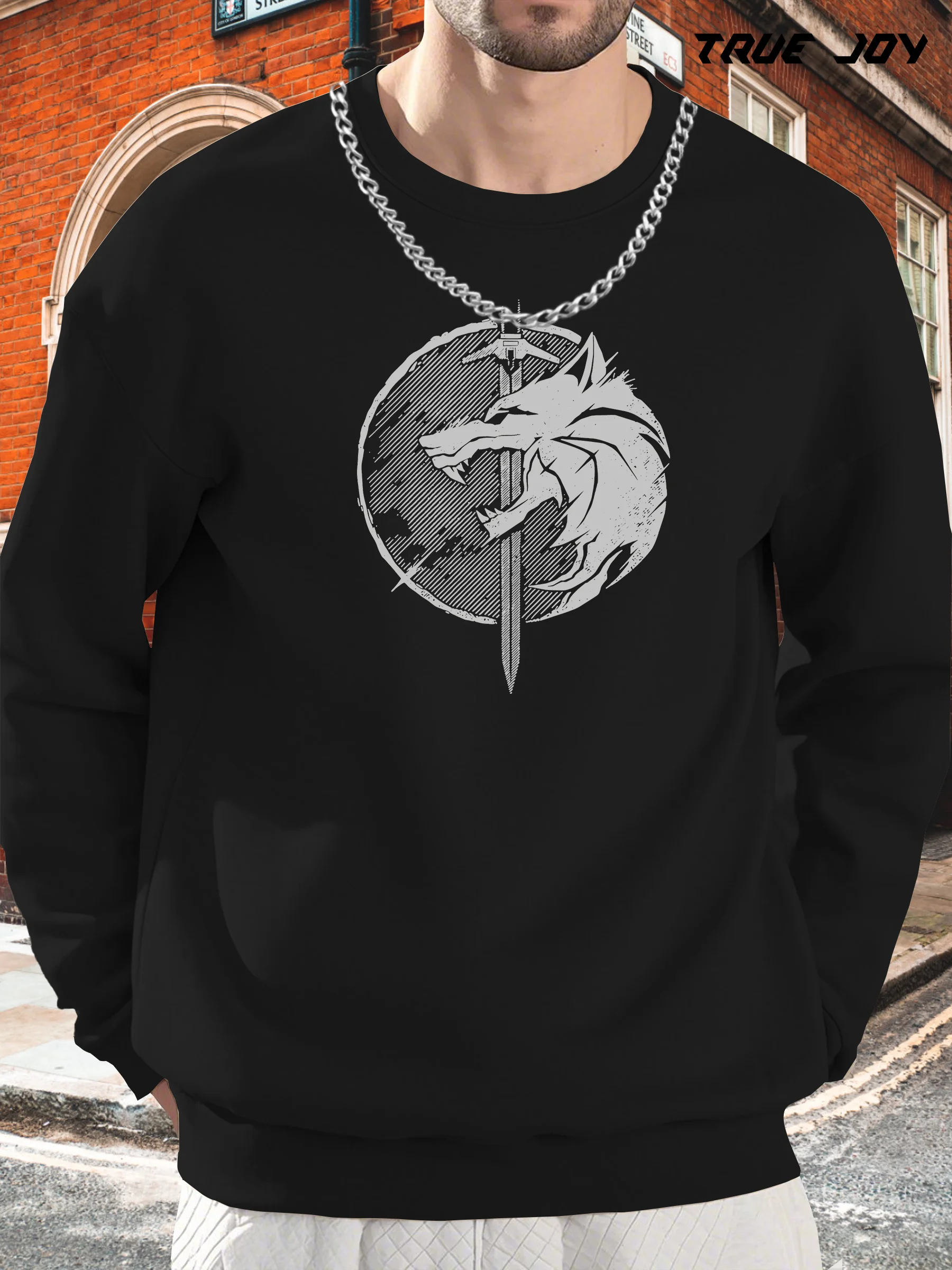 

Мужская толстовка с рисунком — темно-зеленый пуловер с рисунком волка и меча, рубашка свободного покроя с длинными рукавами для повседневного и официального ношения