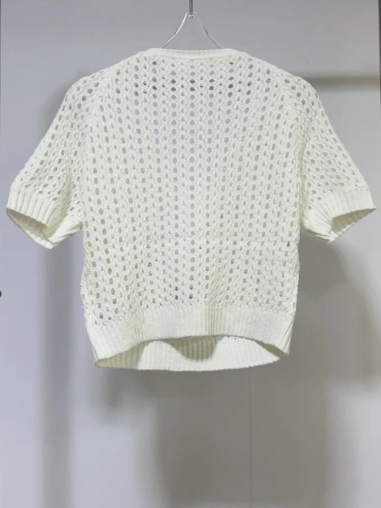 Sunmer Fashion Women French Style Butterfly Crochet Hollow Out See Through T-Shirt Knit Short Sleeve Pullover Hot Girl Sexy Tees