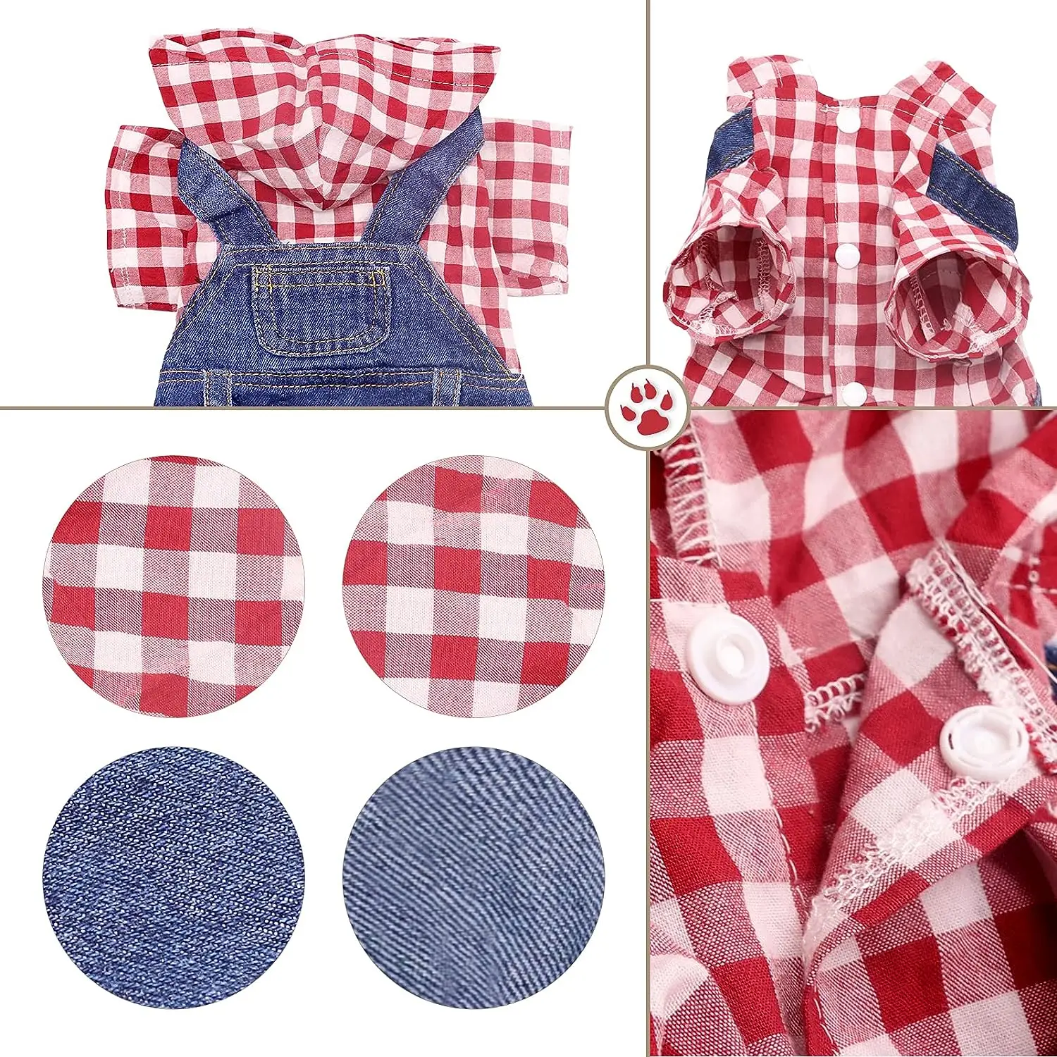 Dog Denim Jumpsuits Puppy Plaid Shirt jeans, Yorkie French Bulldog Overalls for Dogs, Pet Clothes for Small Medium Breed Dogs