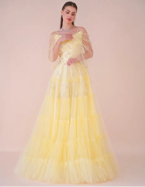 Robe de soirée en Tulle jaune personnalisée, élégante, col en v, épaules dénudées, robes de bal de haute qualité