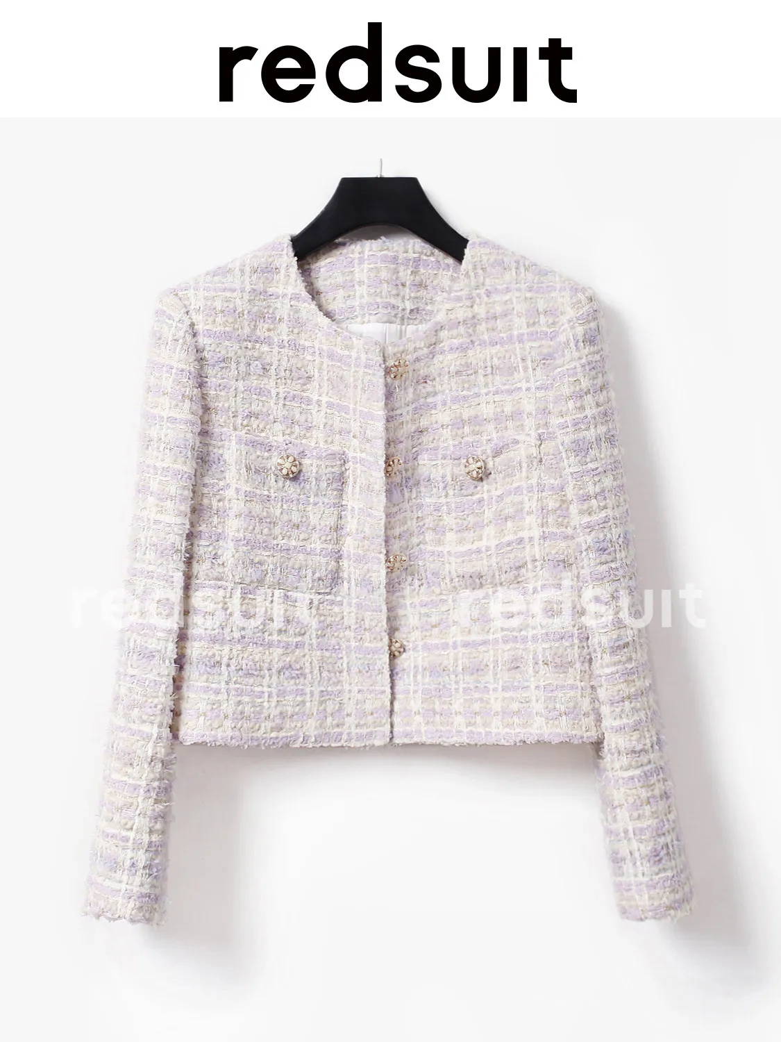 New Gentle and sweet coat with petal buttons, round neck, purple checkered top Custom Sizes