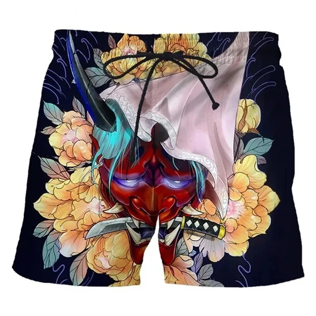 

Japanese Ghost Mask Pattern Swim Trunks Men's Cool 3D Print Shorts Summer Loose Harajuku Sports Street Board Shorts