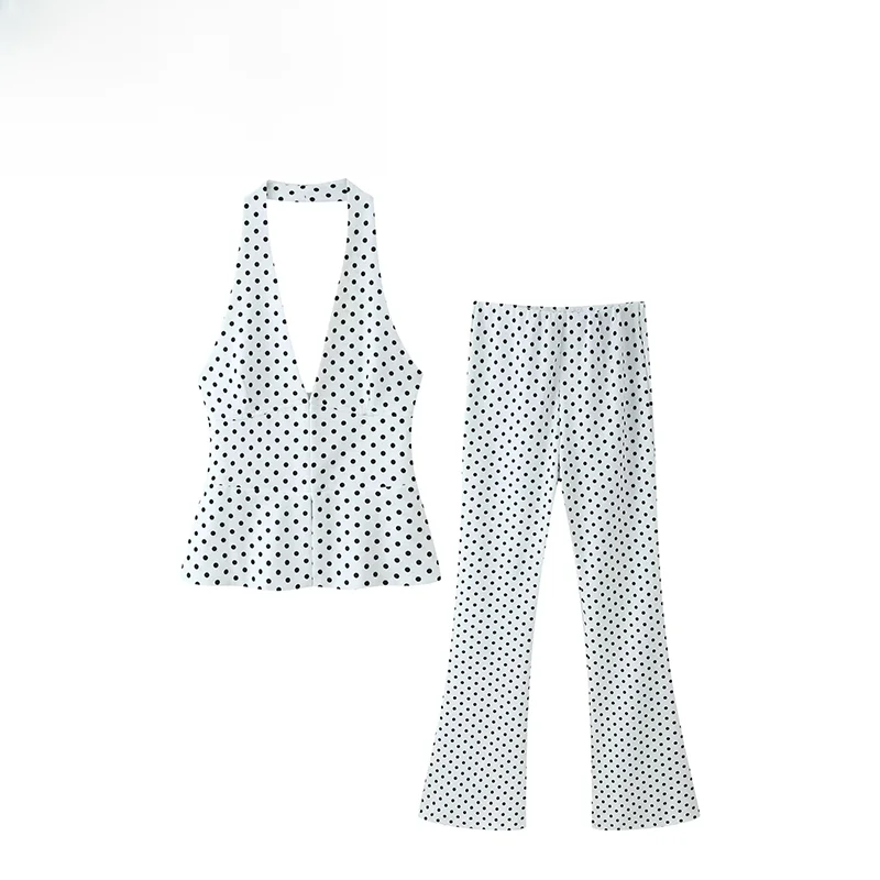 

Summer New ZR Women's Fashion Elastic Polka Dot Neck Hanging Pants High Waist Polyester Fiber round Dot Print Two-Piece Set