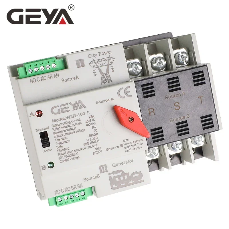 GEYA W2R ATS 110V 220V PC Dual Power Automatic Transfer Switch 63A 100A Household Power Transfer Switch 50/60Hz