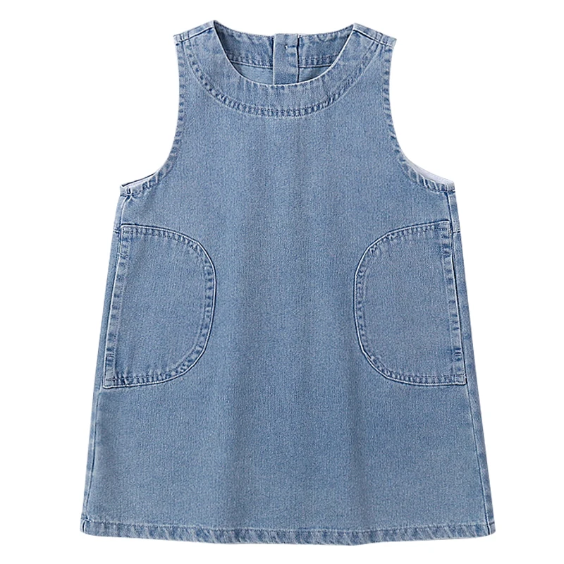 Gaun Rompi Denim Tanpa Lengan Bayi Anak-anak Berusia 2 3 4 5 6 7 8 9 Tahun untuk Anak Perempuan Gaun Jeans Biru Antik Tanpa Lengan Kasual dengan Saku