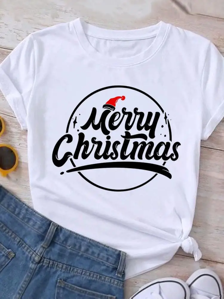 

Letter Cartoon Style Cute Merry Christmas Top Holiday Clothing New Year Fashion Print Women T-shirt Tees Graphic T Shirt