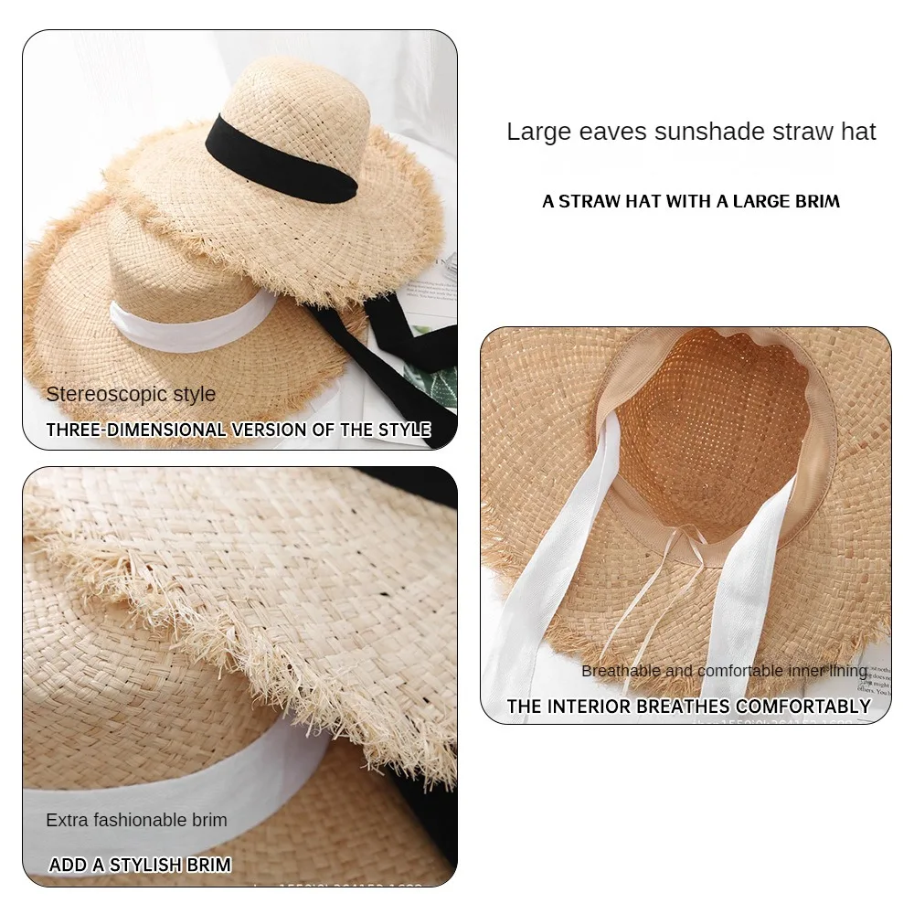 Big Brimmed Seaside Sun Hat Summer Sun Protection Beach Vacation Beach Hat Small Fresh Strap Lafite Straw Hat Female Summer