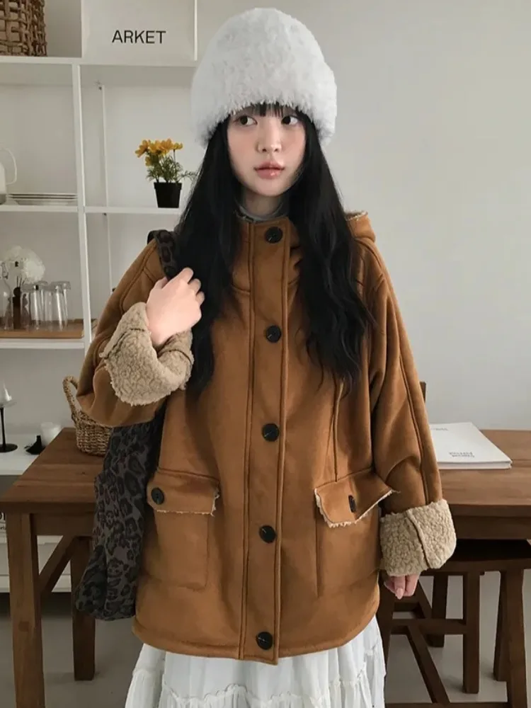 Abrigo de piel de ante Retro con capucha Dstring chaqueta de algodón versátil cálida para mujer primavera Otoño Invierno nueva llegada