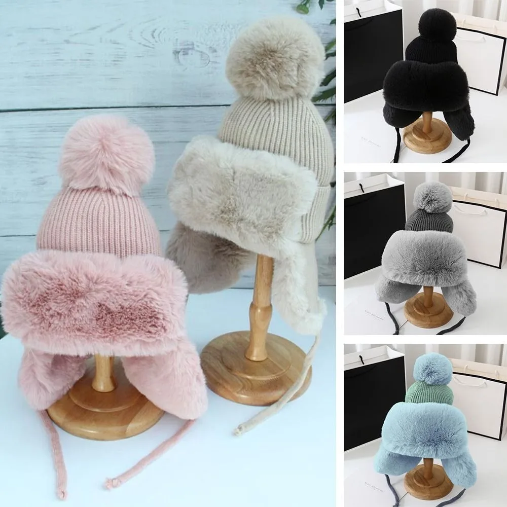 Fashion Winter Warm Earflap Hat Plush Knitted Bomber Trapper Hat Windproof Faux Fur Ear Protection Hat Women Outdoor Winter Gift