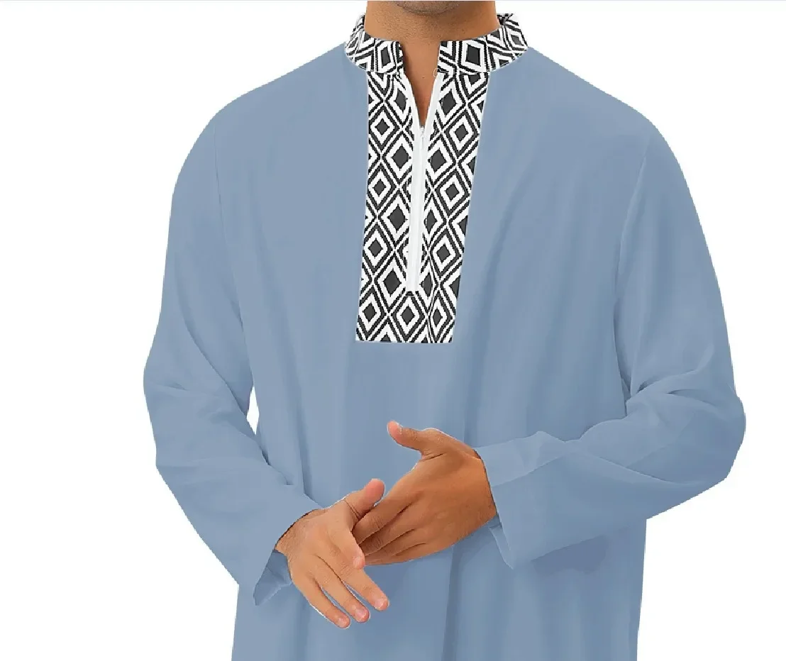 Kaftan de manga comprida masculina com decote em v, Djellaba casual, Abaya, Jubba Thobe, roupas masculinas muçulmanas, kaftan marroquino, meio zíper, moda, 2024