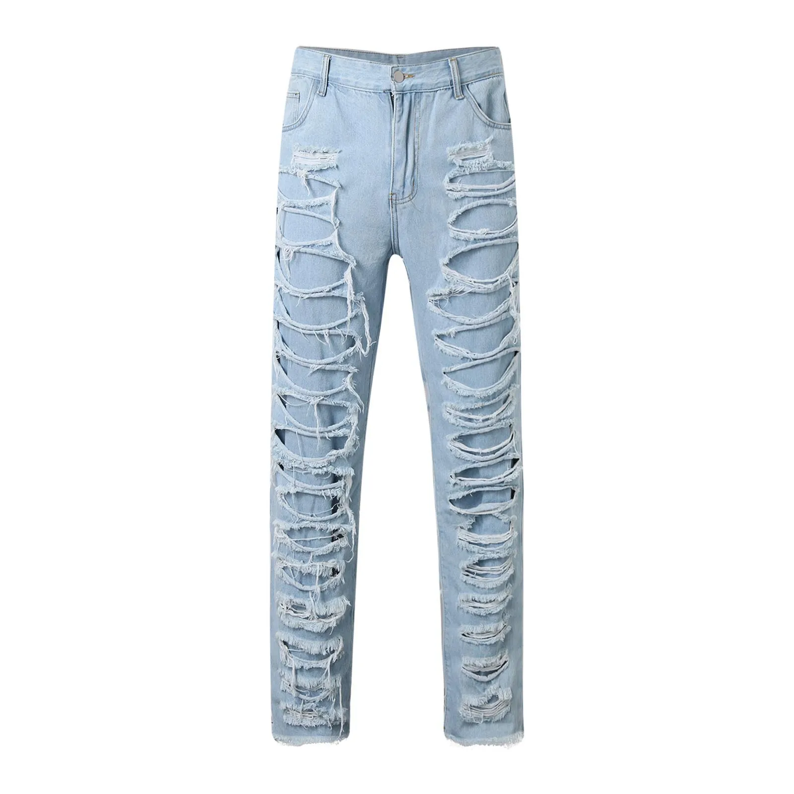 Men's Regular Fit Stacked Jeans Ripped Slim Fit Patch Distressed Destroyed Straight Denim Pants Hip Hop Streetwear Trouser Cloth