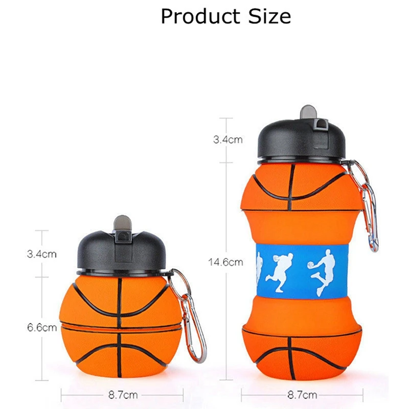 2X 550ML Sports Silicone Fold Water Bottle Portable Kettle Travel Picnic Christmas Present For Adult Children,Basketball