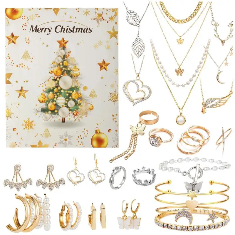 Advent Calendar 2024 Christmas Party Finger Rings Earring Necklace for 24 Days Countdown Festive Atmosphere Enhancer Jewelry Kit