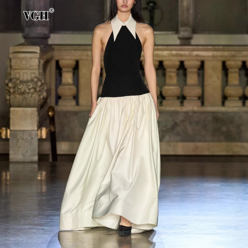 

VGH Hit Color Vintage Runway Style Dresses for Women Lapel Sleeveless Midi Waist Temperament A Line Folds Maxi Dresses Female