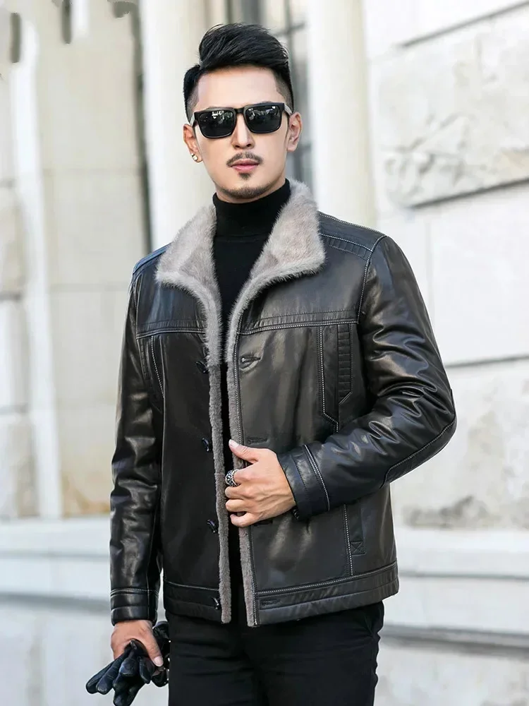 AYUNSUE Winter Genuine Leather Jacket Men 100% Goatskin Coat Wool Fur Lining Plus Size Mink Collar JM-31-E739 KJ3844