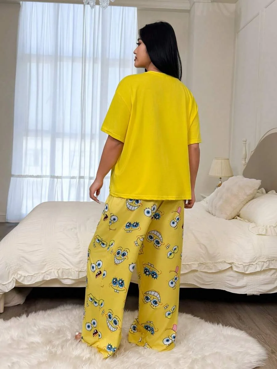 Gelbes SpongeBob Schwammkopf Sommer Kurzarm-Hosen-Set Niedliches Cartoon-Loose-Fit Hausanzug Zweiteiler – Detail 4