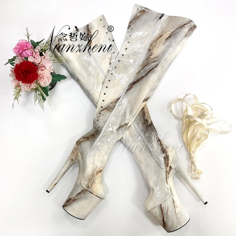 Marble over Knee High Boots Long 20cm High Heel 8inches round Toe Lace-Up Platform Pole Dance Exotic Stripper Sexy Fetish Combat