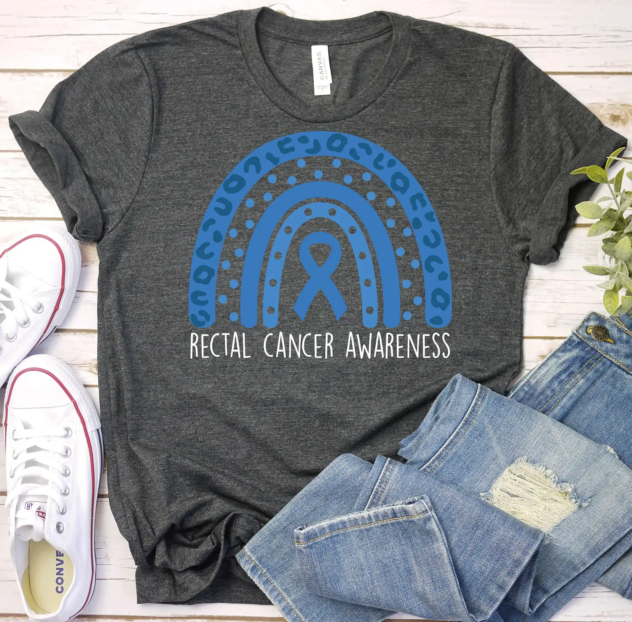 Rectal Cancer Awareness T Shirt Blue Ribbon Support Survivor Colonoscopy