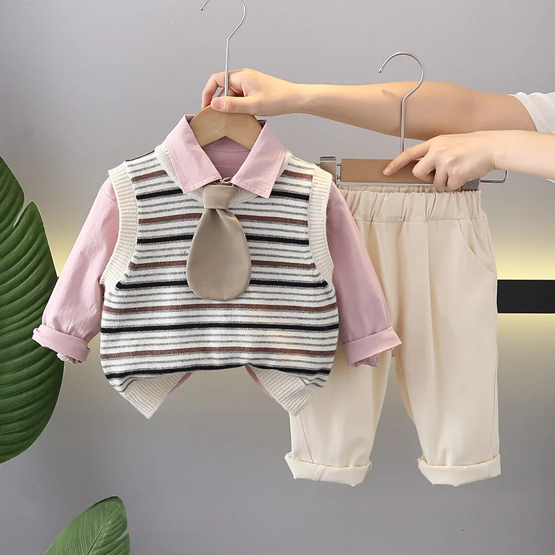 Fall Kids Knitted Vest Set Boys 3-Piece Outfit Trendy Casual Wear Long Sleeve Shirt with Pants Korean Style Toddler Clothes