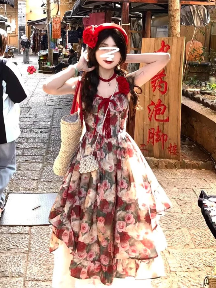 Casual Elegant Floral Midi Dress Women Sleeveless Strap Dress Beach Style  Party Clothing Japanese Kawaii Y2k Dress Vintage Chic - AliExpress 200000345