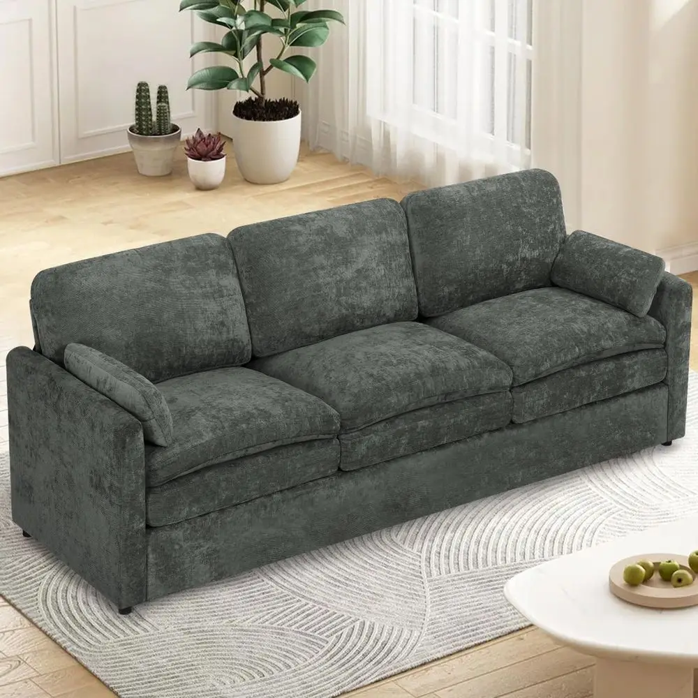 

Chenille Sofa w Arm Pillows, holstered 3Seater Sofa w Comfortable Back Cushions, Modern 3 Seats Couch w HighDensity Foam for
