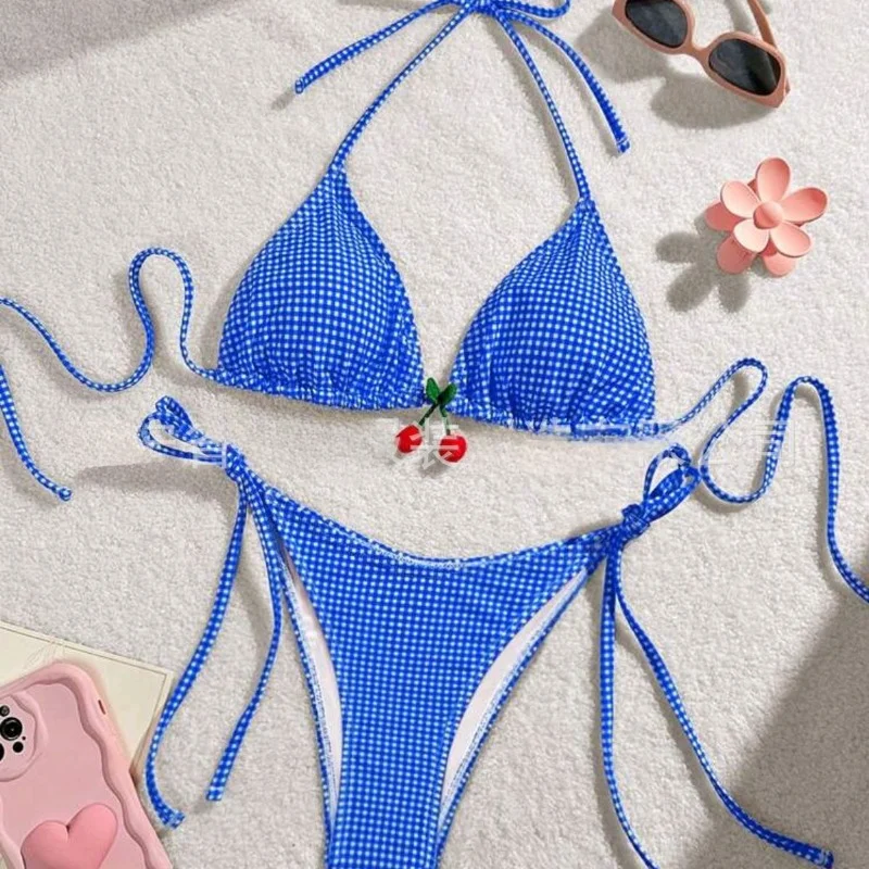 Seksowne bikini w kratę z niską talią strój kąpielowy dziewczyna dwuczęściowe garnitury damskie wiśniowe czerwone paski kostiumy kąpielowe strój