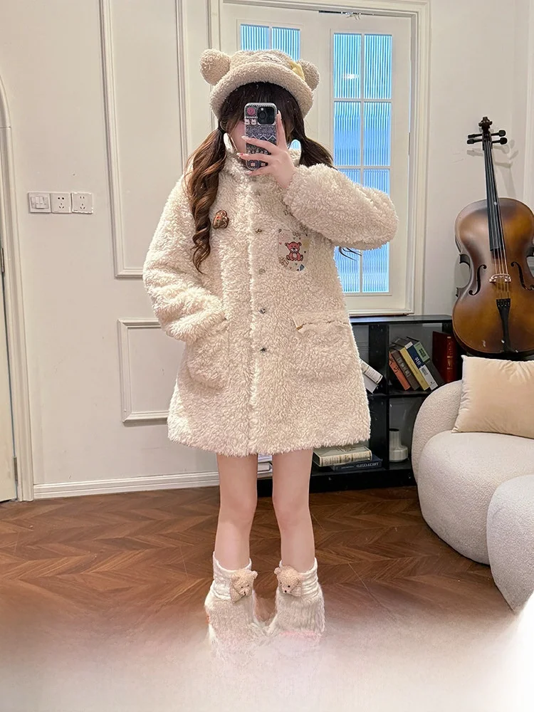 

Soft Cute Lamb Fur Jaet Women's Mid-Length Cotton Coat with Hood Thiened Sweet Sle Cotton Clothes for Winter