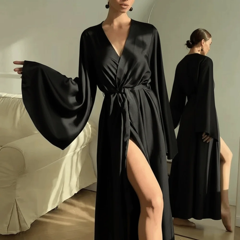 Sexy Style Solid Color Satin Robe High Waisted Long Sleeves Belted Robe Soft Split Design Loose Robe for Women