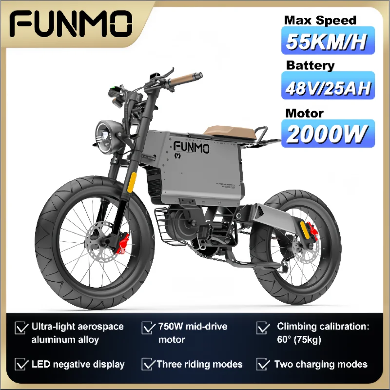 

Электрический мотоцикл FUNMO X5 PLUS, 2000 Вт, бесщеточный двигатель 48 в 25 Ач, литиевая батарея Samsung, мощный внедорожный электровелосипед для взрослых