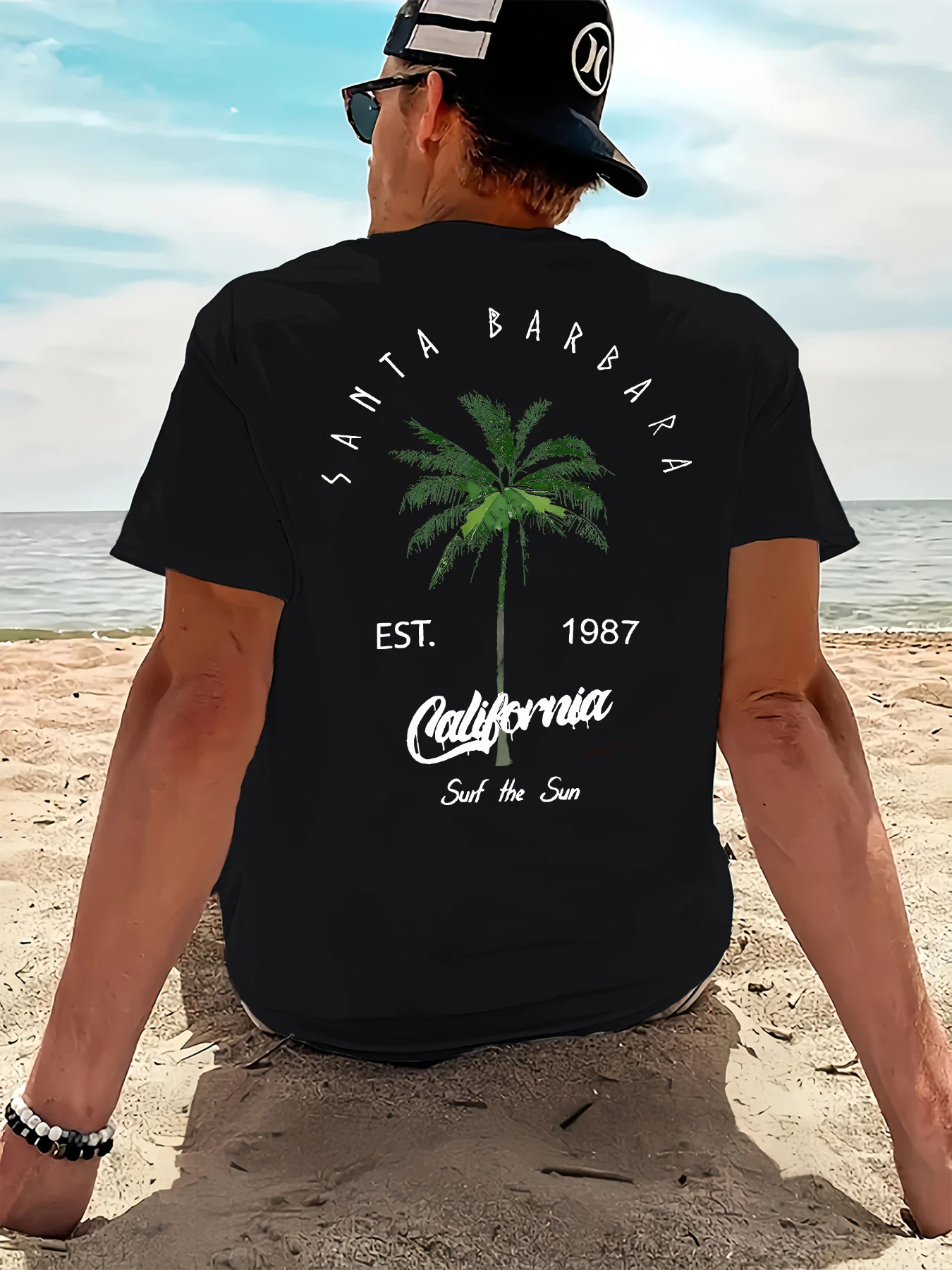Camiseta de manga corta con cuello redondo para hombre, 100% algodón puro, estilo casual, holgada, con estampado de coco, estilo californiano, para verano