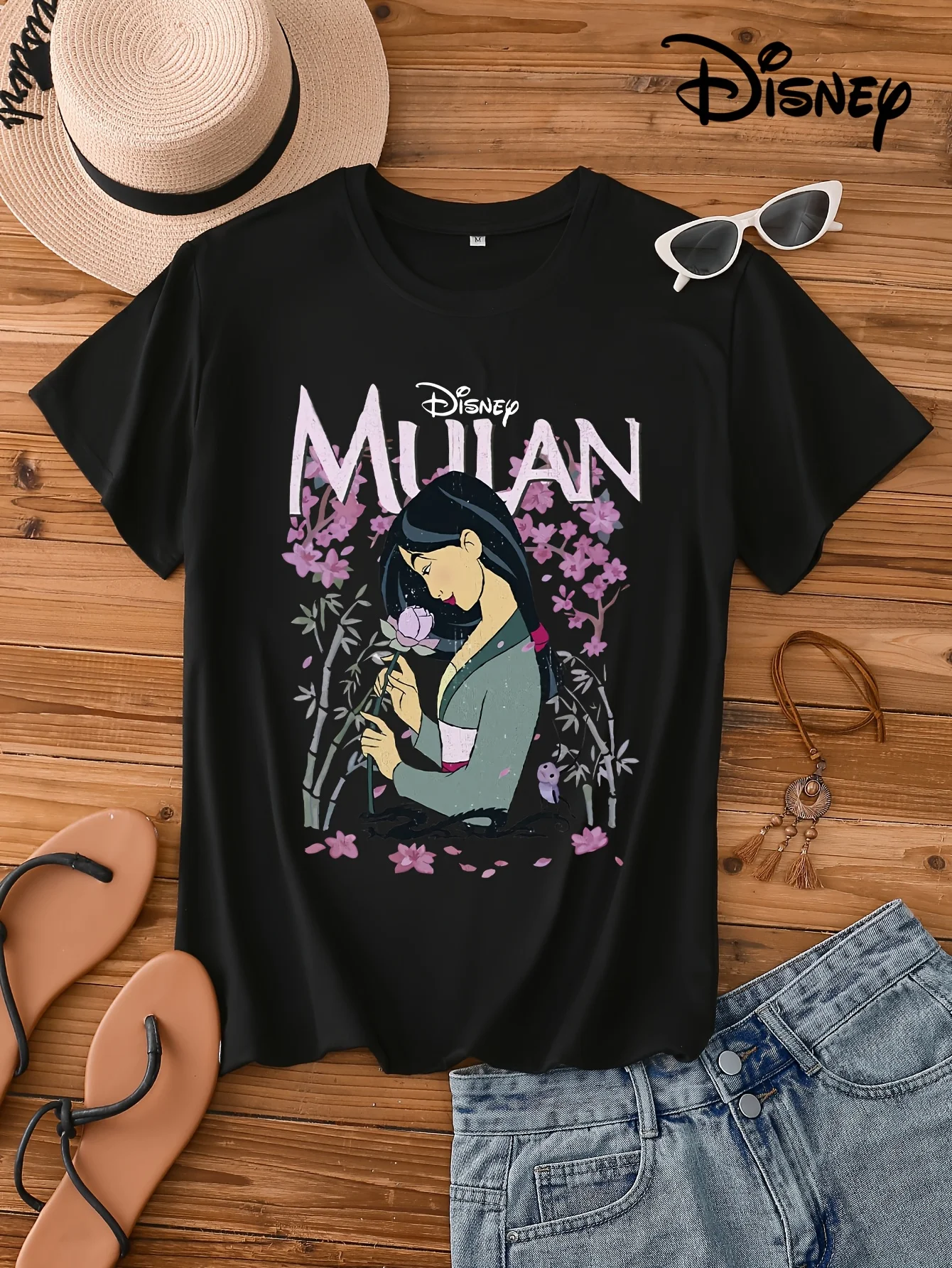 

Disney Mulan Men's and Women's T-shirt Mulan and Flower, Black Casual Sports Fashion Short Sleeve Cartoon Print