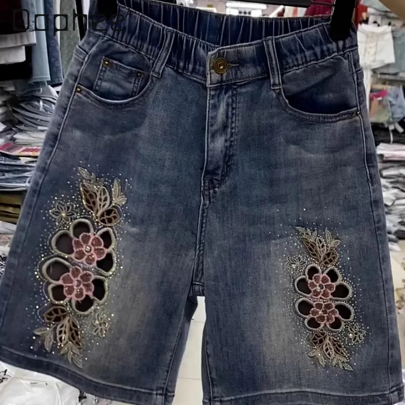 

Trendy Retro Heavy Beaded Flower Embroidery Hollow Jeans Summer Thin Fashion High Waist Slimming Five-point Pants for Women