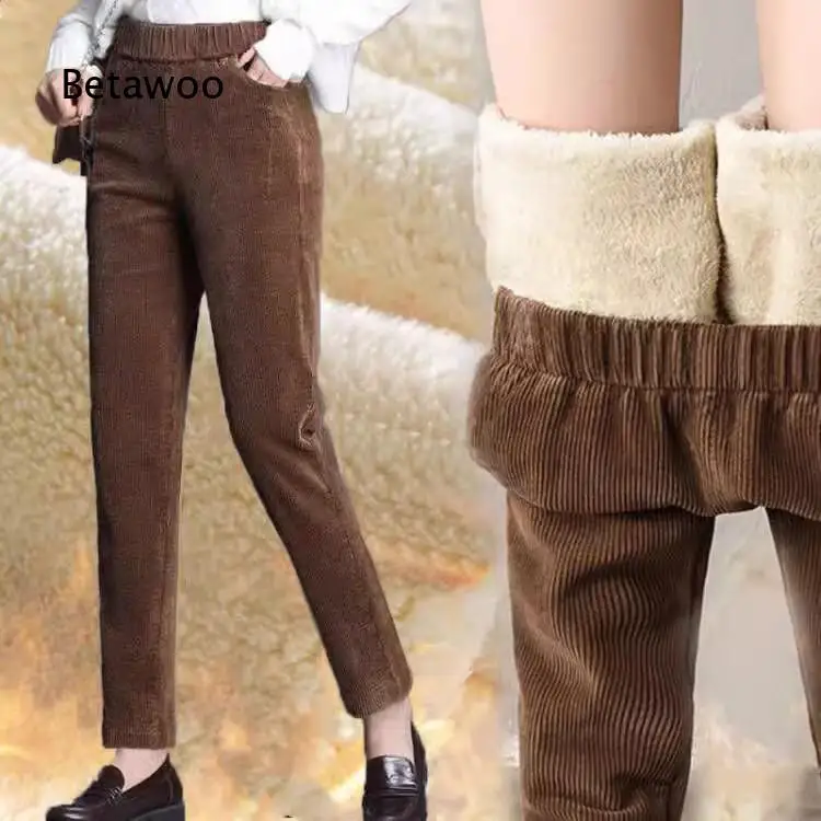Women Cropped Corduroy Harem Pants With Fleece Lining Thickened Relaxed Fit Carrot Style Trousers For Autumn Winter Daily Casua