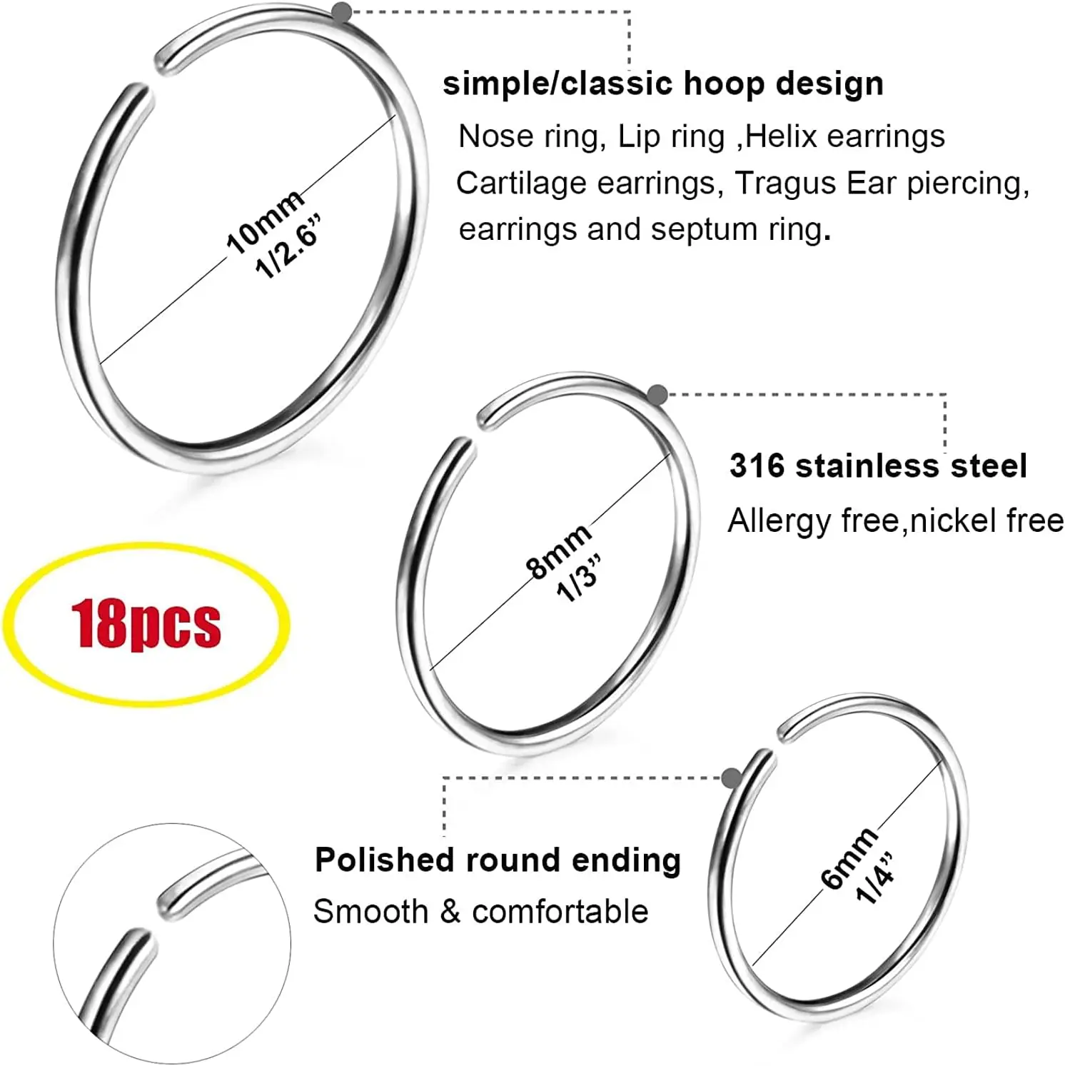 FINREZIO 1Pc 20G Surgical Steel Nose Hoop Rings for Septum Body Jewelry Piercing Braided Cartilage Earring Safe and Minimalist