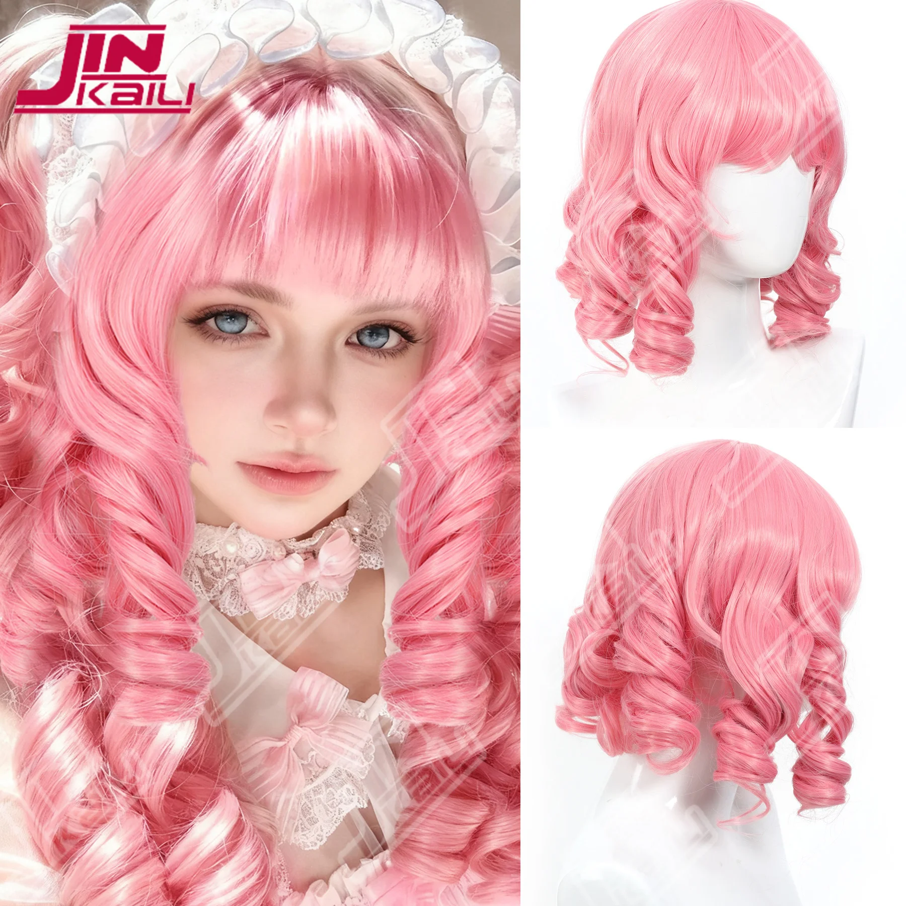JKL Natural Pink Synthetic Roman Roman Curly Wavy Bob Wig with Bangs Suitable For Women's Daily Role-playing Party Halloween Use