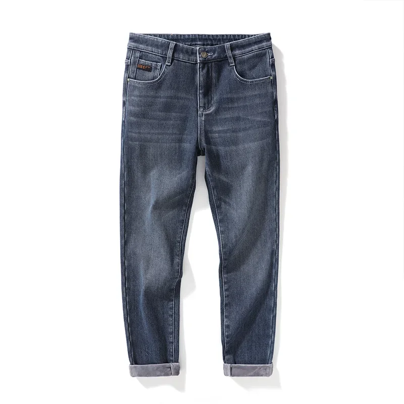 2024 Winter New Brand Thick Fleece Thermal Jeans Classic Men\'s Slim Fit Straight Dense Fabric High Quality Slim Denim Trousers