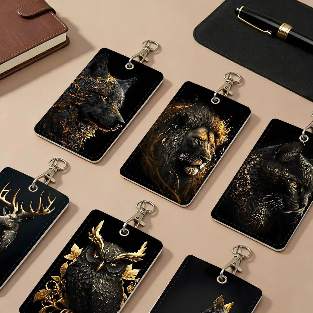 Black Gold Animal Metal PU Leather Card Holders Anti-lost Protective Cover Cases Cards