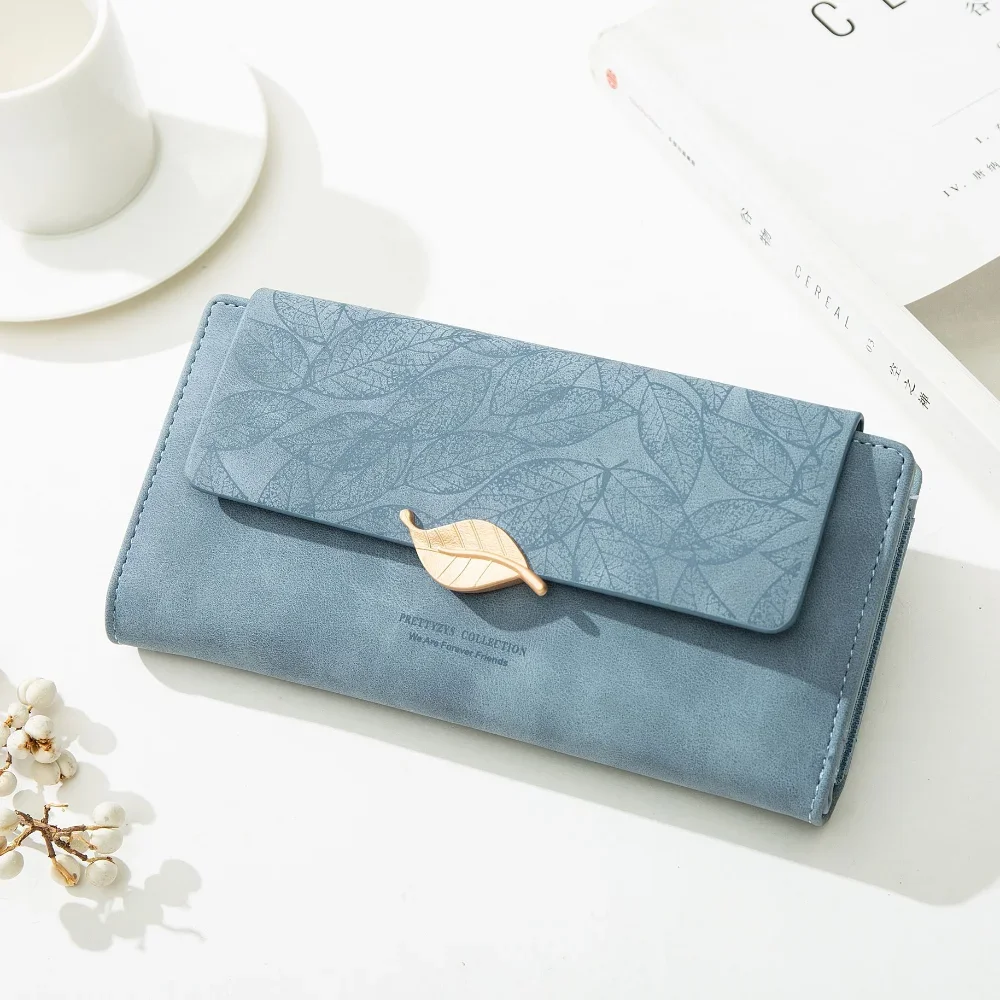 

2024 New PU Leather Retro Long Wallets for Women Simple Frosted Leaf Zipper Buckle Card Holder Large Capacity Women's Clutch