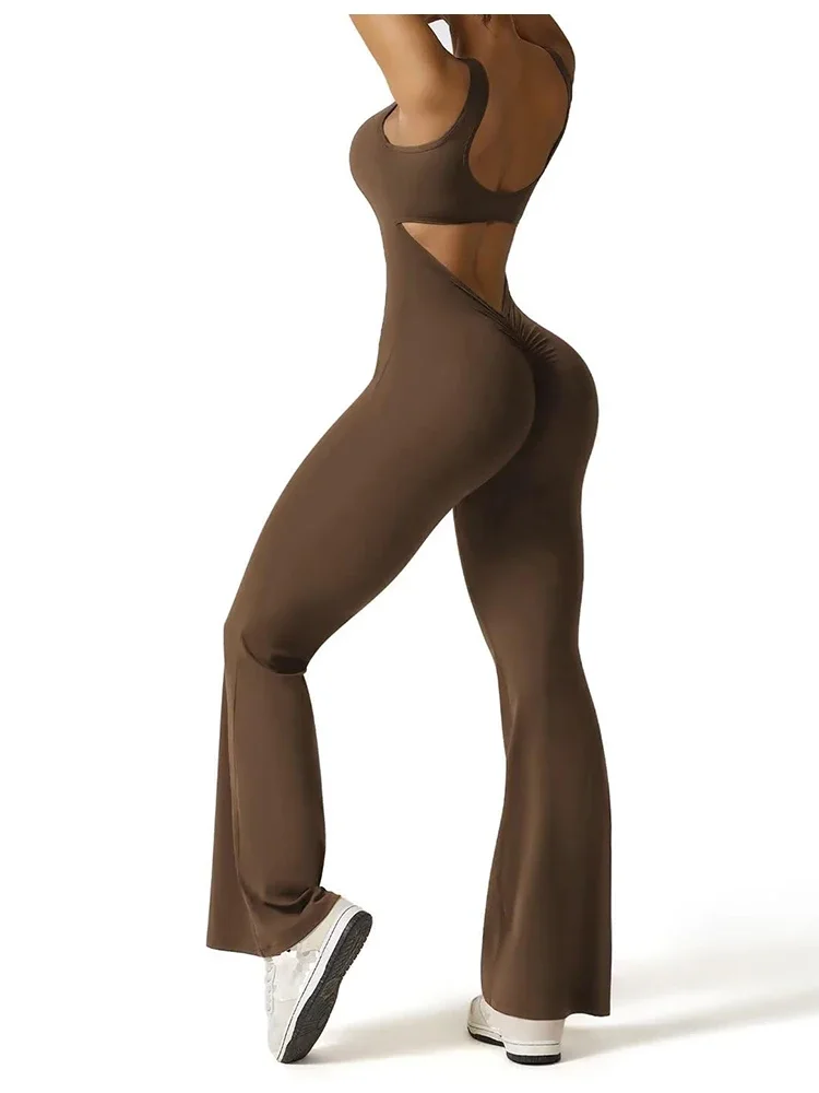 2024 Summer New Women's Slim Hip Lifting Jumpsuit U Neck Sexy Hottie Backless Sleeveless Flared Pants Sports Yoga Wear