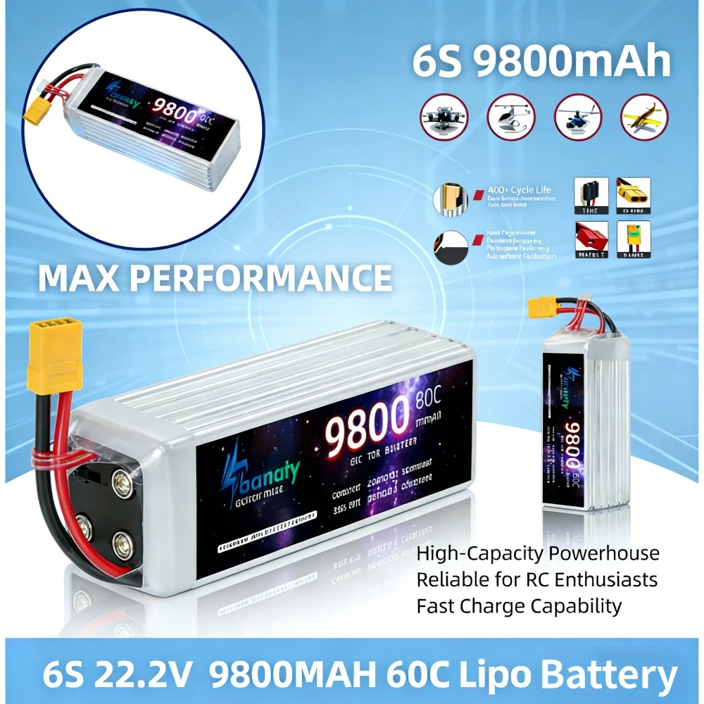 

22.2V 9800mAh 60C High-Discharge Lipo Battery with XT60 XT90 T TRX EC5 Connectors for RC Helicopter Airplane Drone FPV