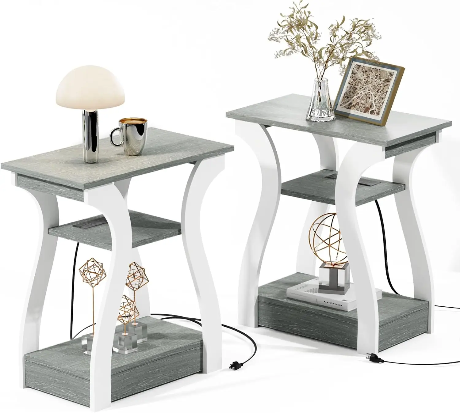 

Grey End Table with Charging Station 3 Tier Side Table Nightstand for Bedroom Living Room Furniture