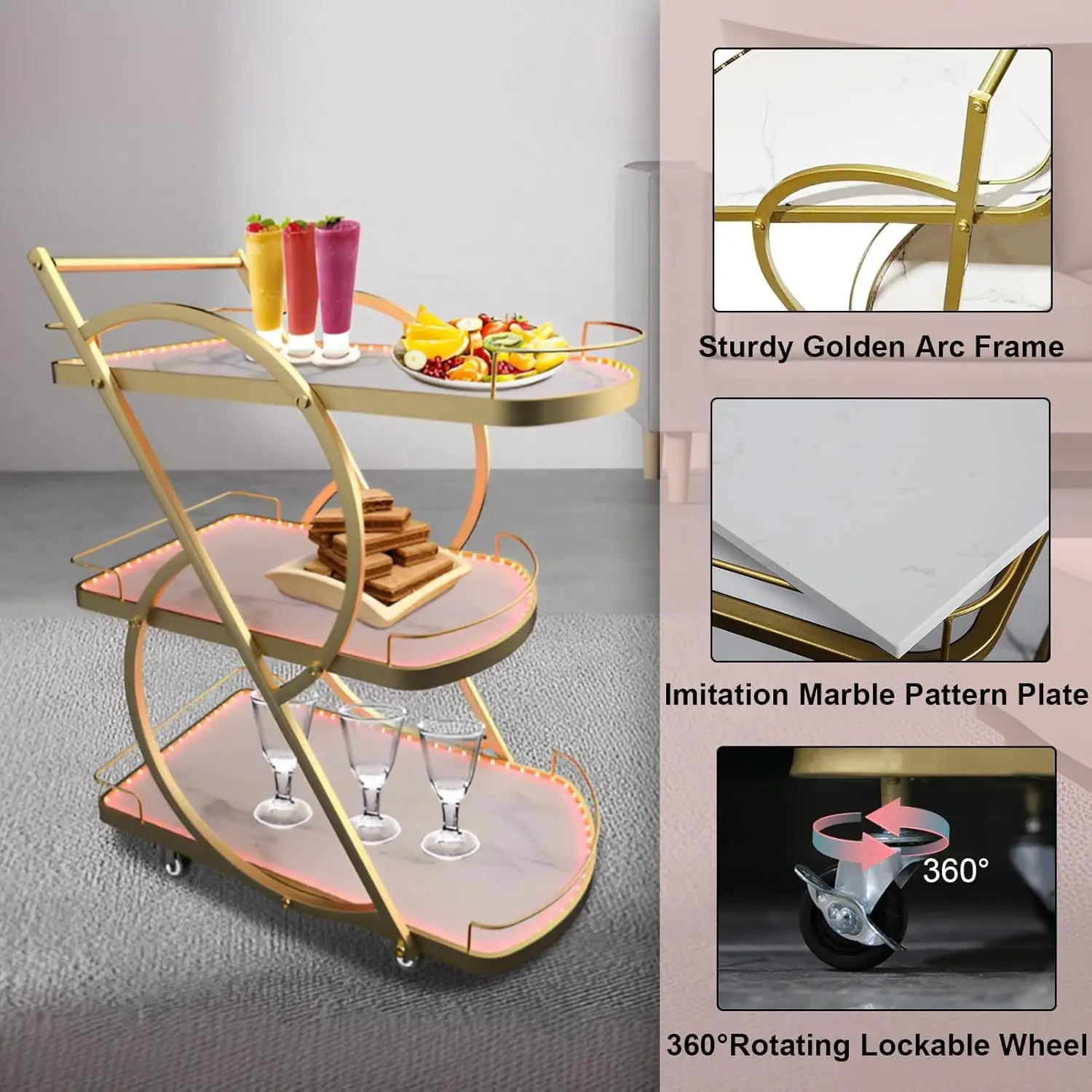 Golden Bar Car Family Kitchen Service Car with LED Light 3 Layer Storage Roller