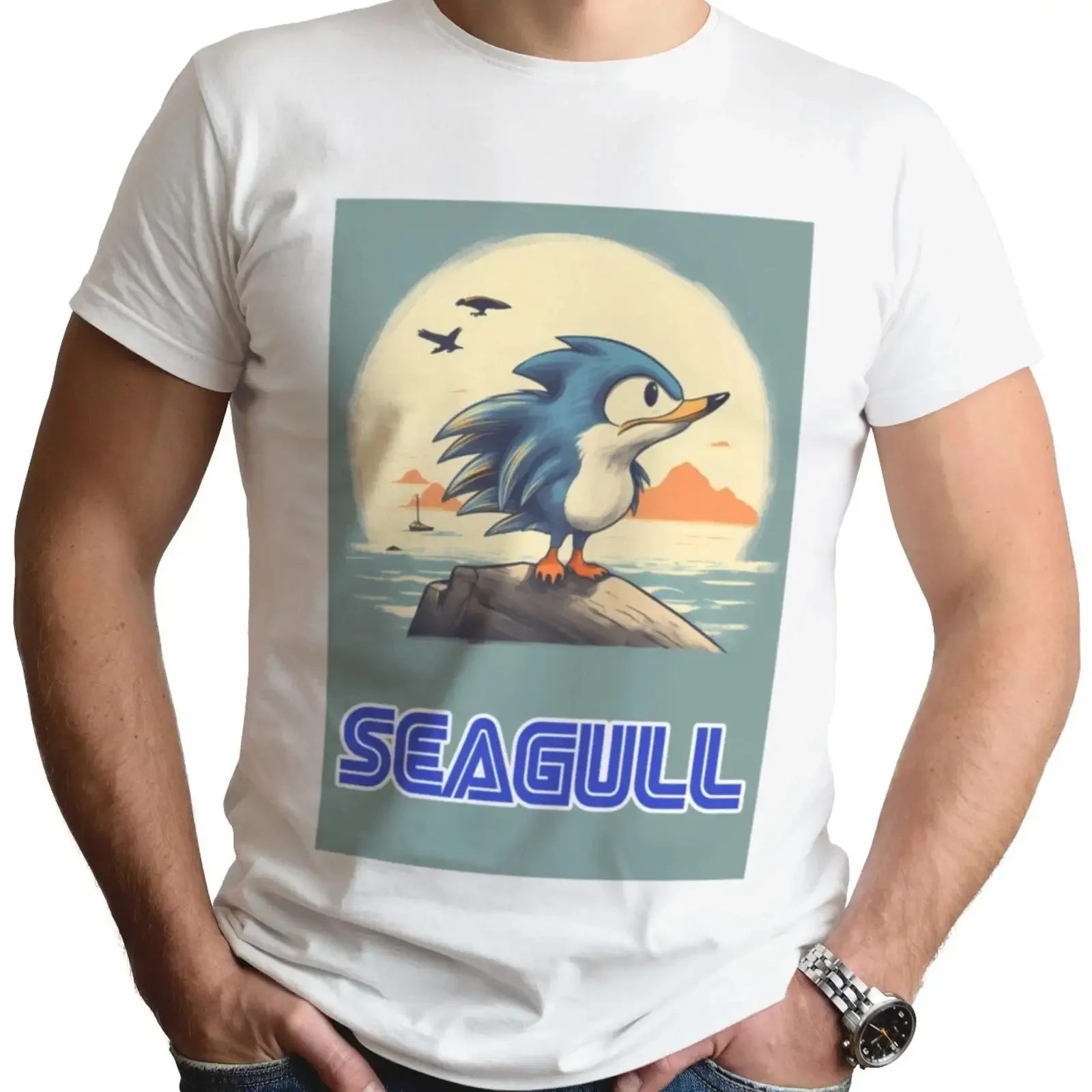 Seagull Funny Gamer T Shirt Gaming Parody Hedgehog Retro Joke Arcade Image 1 of 2 vintage Washed Stretched Soft Breathable