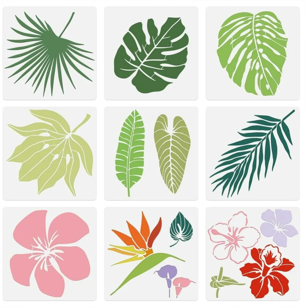 

9Pcs Tropical Leaf and Flower Wall Stencil Templates 11.8 x 11.8 Inch Plastic Reusable Art Stencils for Painting on Walls Floors