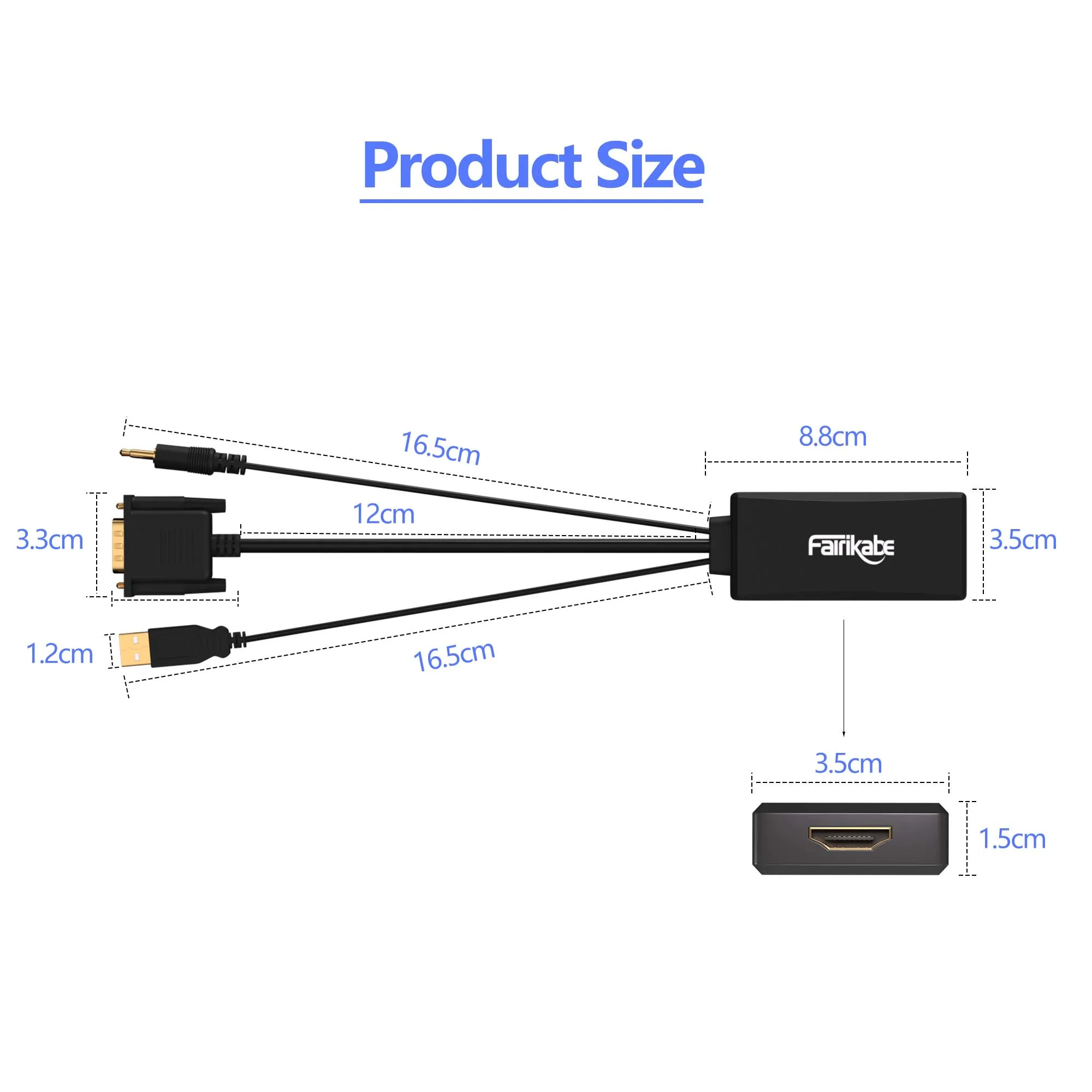 Fairikabe VGA do kabel Adapter HDMI z dźwiękiem 1080P VGA wtyk męski do HDMI żeński konwerter do monitora z zasilaczem USB