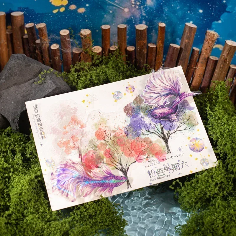 10Sheets Watercolor Stationery Supplies Scrapbook Style Tree Glitter Sand PET Stickers Forest of Bright Stars package 151*110mm
